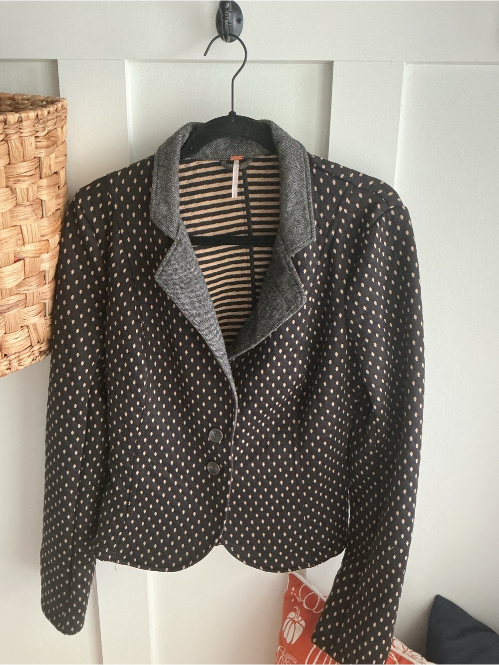 Free People Black Blazer with Cream Dot Pattern and Gray Collar